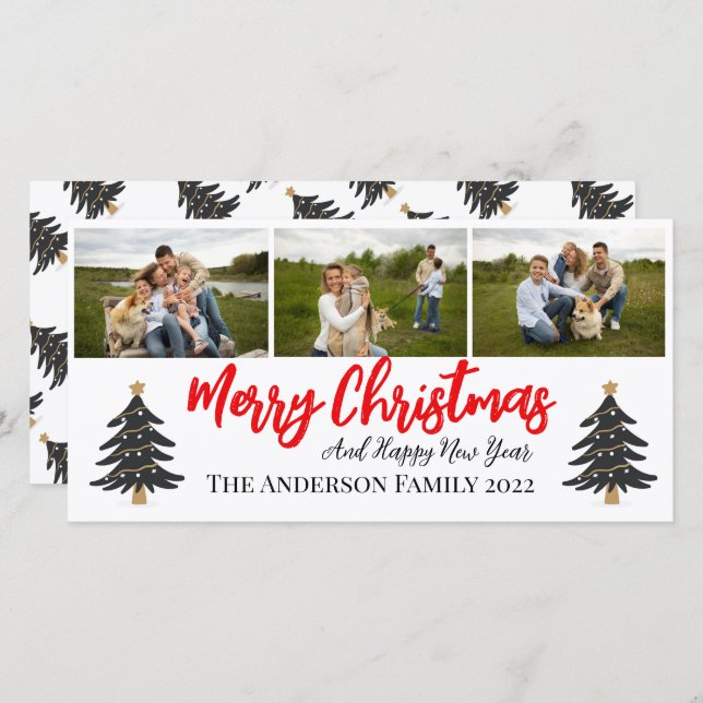 Personalised 3 Photo Collage with Christmas Trees  Holiday Card (Front/Back)
