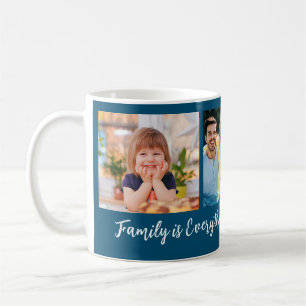 Personalised 3 Photo Family Name Quote Blue Coffee Mug