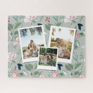 Personalised 3 Photo Green Floral Background Jigsaw Puzzle