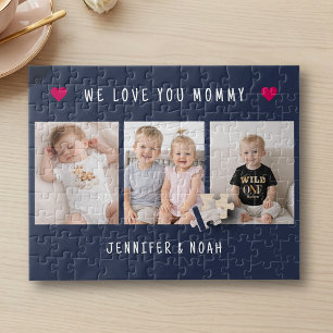 Personalised 3 Photo Mother's Day Navy Blue Hearts Jigsaw Puzzle
