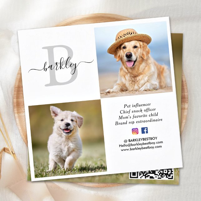Personalised 3 Photo Social Media QR Code Monogram Square Business Card (Creator Uploaded)