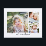 Personalised 3 photos Universal Greetings Postcard<br><div class="desc">Personalised 3 family photos Universal Greetings Postcards featuring a stylish photo collage with 3 customised images,  your greetings message in elegant handwritten script font,  your name,  date,  year,  message on the back in a modern and simple sans serif font.</div>