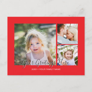 Personalised 3 photos Universal Red Greetings Postcard