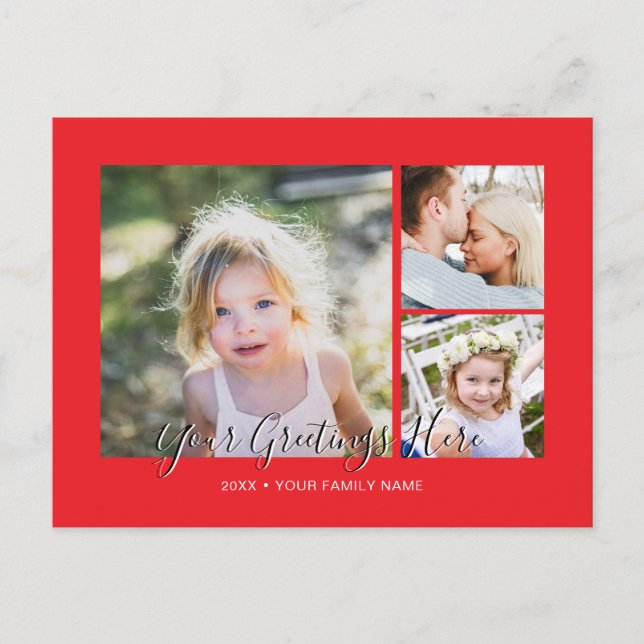 Personalised 3 photos Universal Red Greetings Postcard (Front)