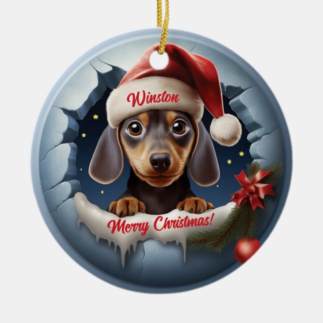 Personalised 3D Look Dachshund with Santa Hat Ceramic Ornament (Front)
