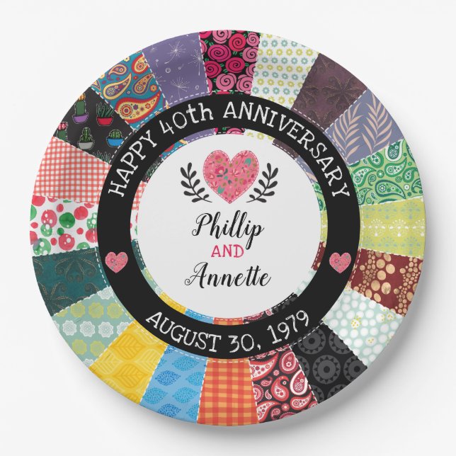 Personalised 40th Anniversary, Patchwork Quilt Paper Plate (Front)