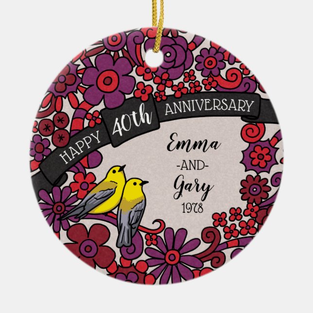Personalised 40th Anniversary, Ruby Floral Birds Ceramic Ornament (Front)
