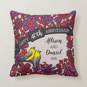 Personalised 40th Anniversary, Ruby Floral Birds Cushion