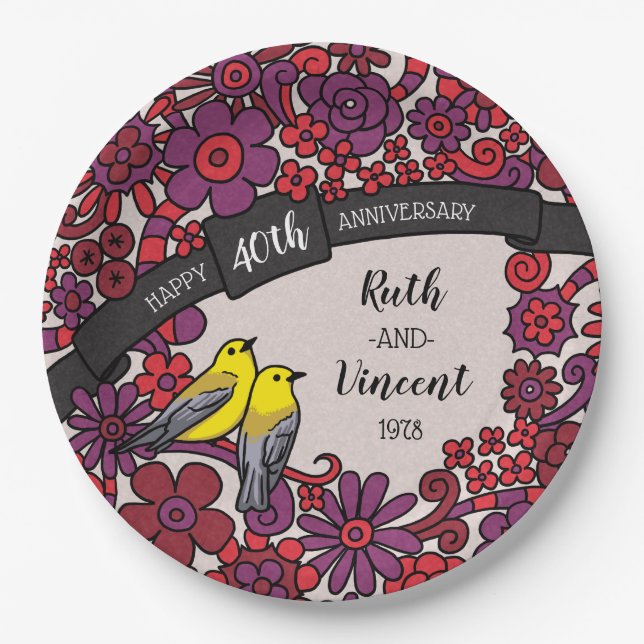 Personalised 40th Anniversary, Ruby Floral Birds Paper Plate (Front)