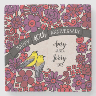 Personalised 40th Anniversary, Ruby Floral Birds Stone Coaster