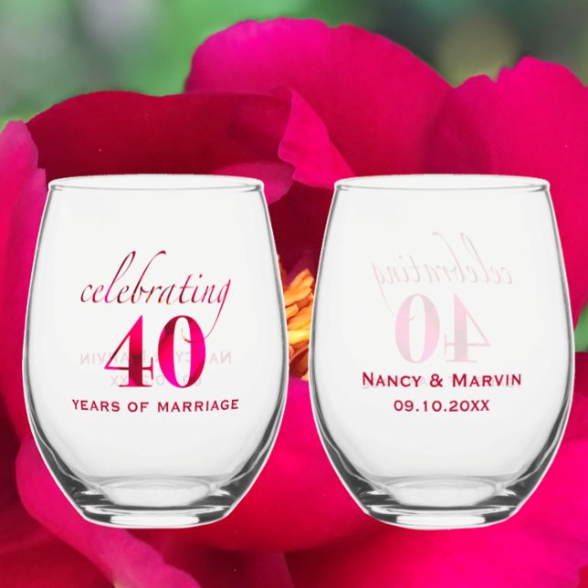 Personalised 40th Anniversary Ruby Rose Keepsake Stemless Wine Glass (Add couples names and 40th wedding anniversary date for stylish ruby red rose keepsake wine glasses.)