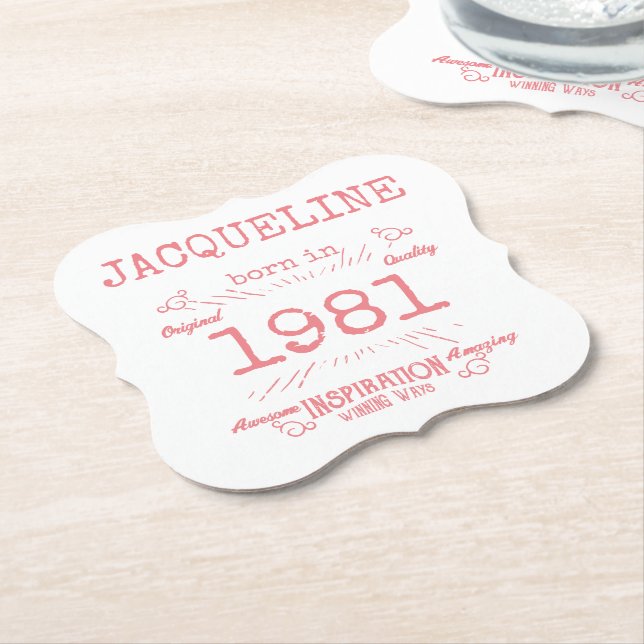 Personalised 40th Birthday 1981 Pink White Elegant Paper Coaster (Angled)