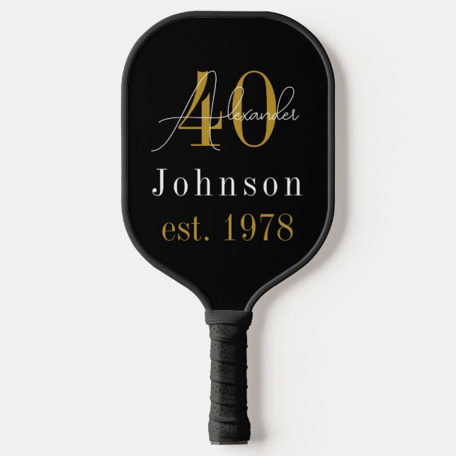 Personalised 40th Birthday Black Gold Pickleball Paddle (Front)