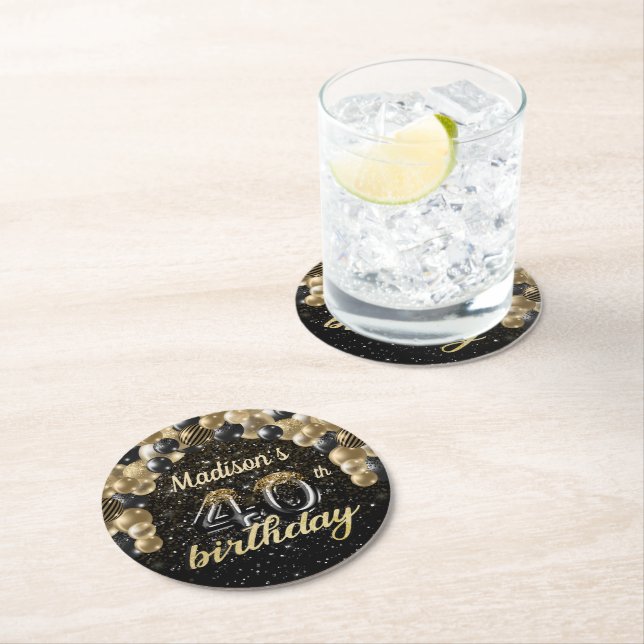 Personalised 40th Birthday Black Gold Round Paper Coaster (Insitu)