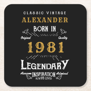Personalised 40th Birthday Born 1981 Vintage Black Square Paper Coaster