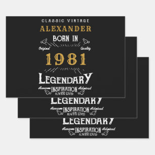 Personalised 40th Birthday Born 1981 Vintage Black Wrapping Paper Sheet