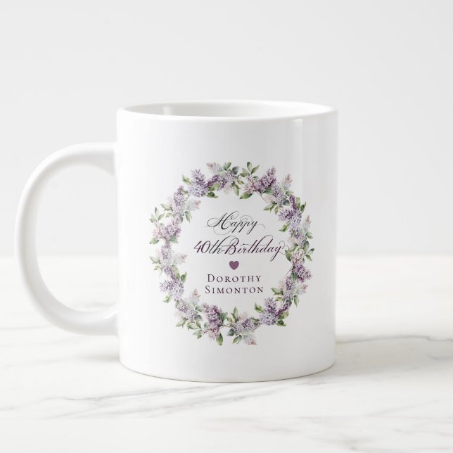 Personalised 40th Birthday Gift Purple Lilac Large Coffee Mug (Left)