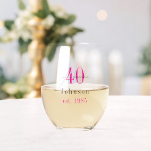 Personalised 40th Birthday Hot Pink Typography Stemless Wine Glass