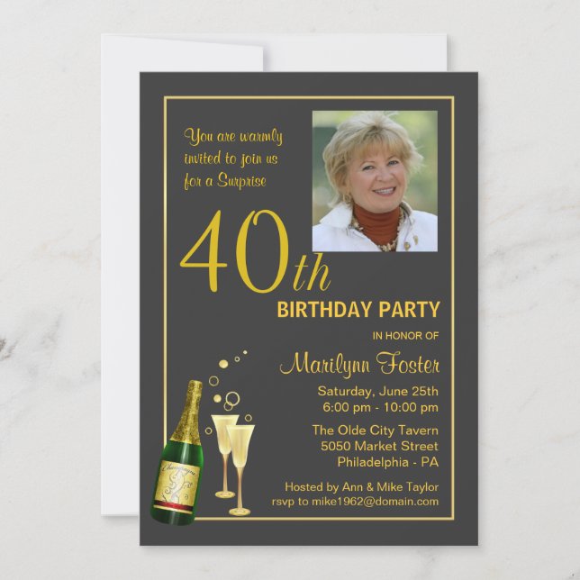 Personalised 40th Birthday Party Photo Invitations (Front)