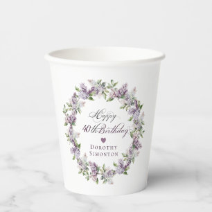 Personalised 40th Birthday Purple Lilac Flower Paper Cups