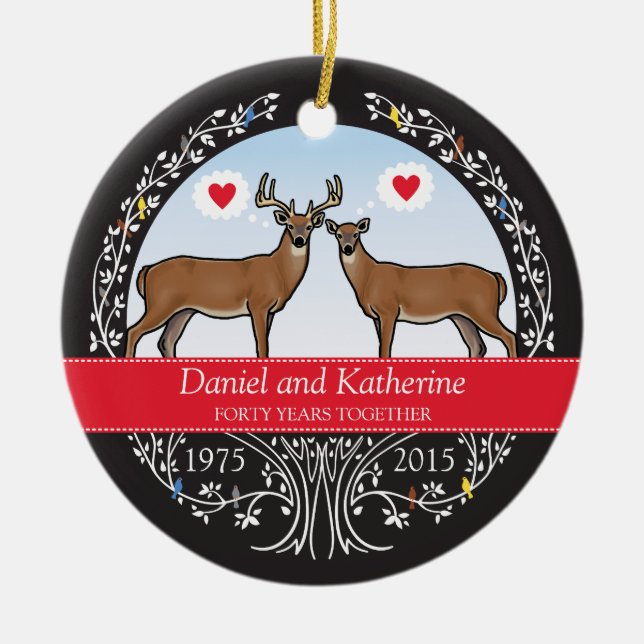 Personalised 40th Wedding Anniversary, Buck & Doe Ceramic Ornament (Front)