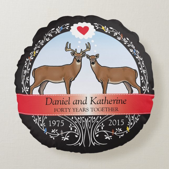 Personalised 40th Wedding Anniversary, Deer Round Cushion (Front)
