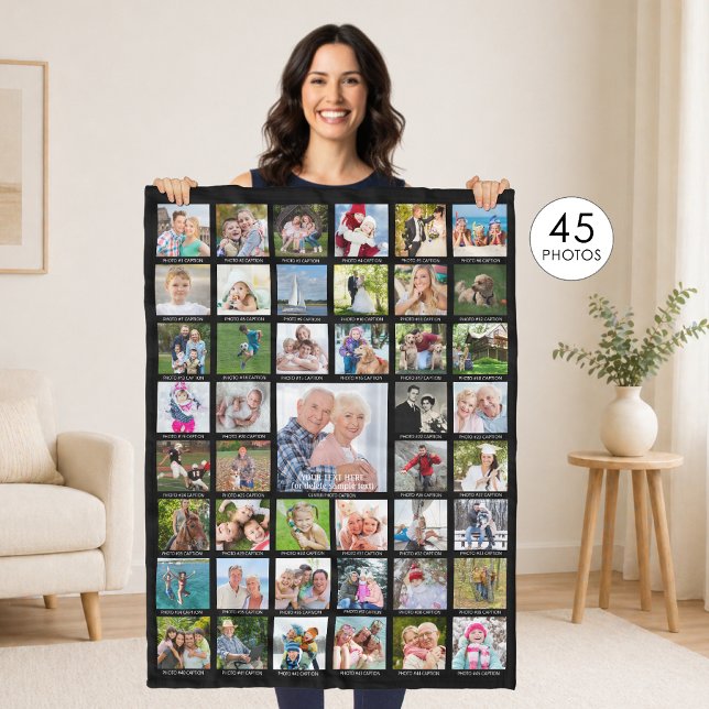 Personalised 45 Photo Collage Captions Your Colour Fleece Blanket (Creator Uploaded)