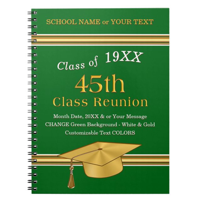 Personalised, 45th Class Reunion Gifts, Green Gold Notebook (Front)