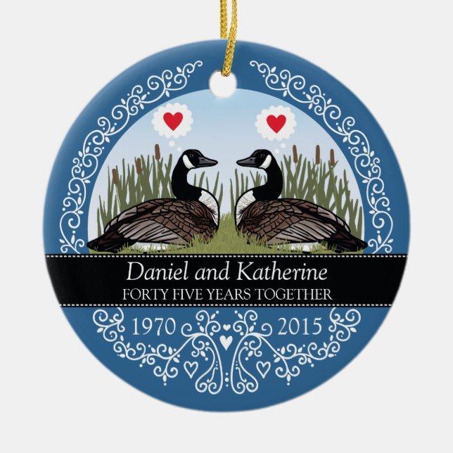 Personalised 45th Wedding Anniversary, Geese Ceramic Tree Decoration (Front)