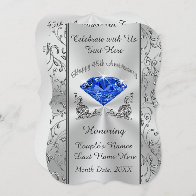 Personalised 45th Wedding Anniversary Invitations (Front/Back)