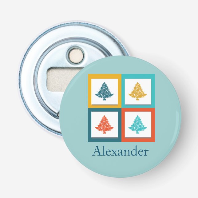 Personalised 4 Christmas Trees Retro Design Bottle Opener (Front)