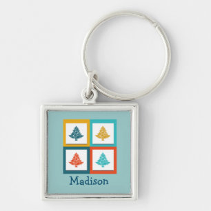 Personalised 4 Christmas Trees Retro Design Key Ring