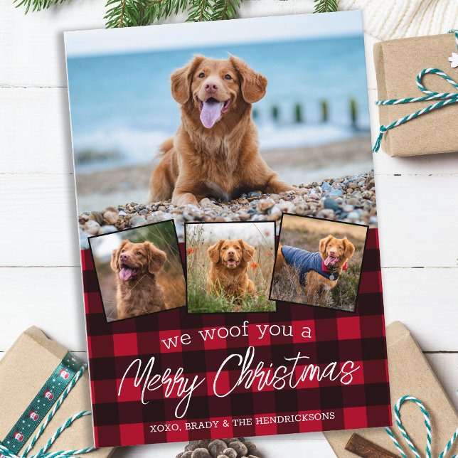 Personalised 4 Pet Photo Red Plaid Merry Christmas Holiday Card (Creator Uploaded)