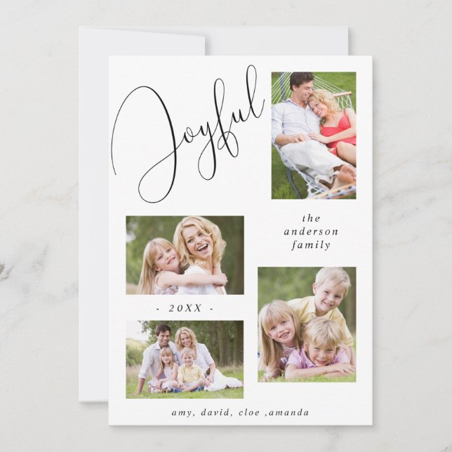 Personalised 4 Photo Chic Script Joyful Black Holiday Card (Front)
