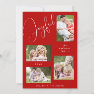 Personalised 4 Photo Chic Script Joyful Red Holiday Card