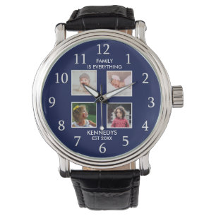 Personalised 4 Photo Collage Family Name Blue Watch