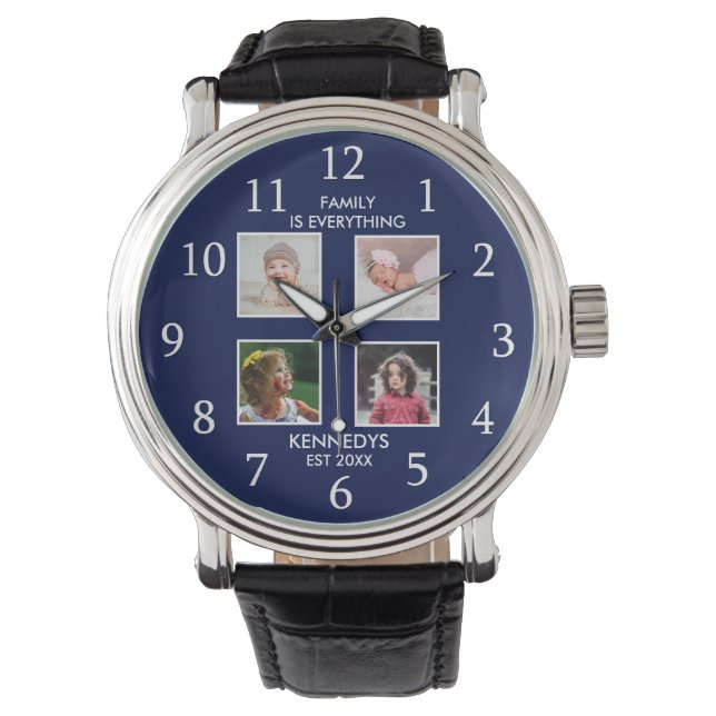 Personalised  4 Photo Collage Family Name Blue Watch (Front)