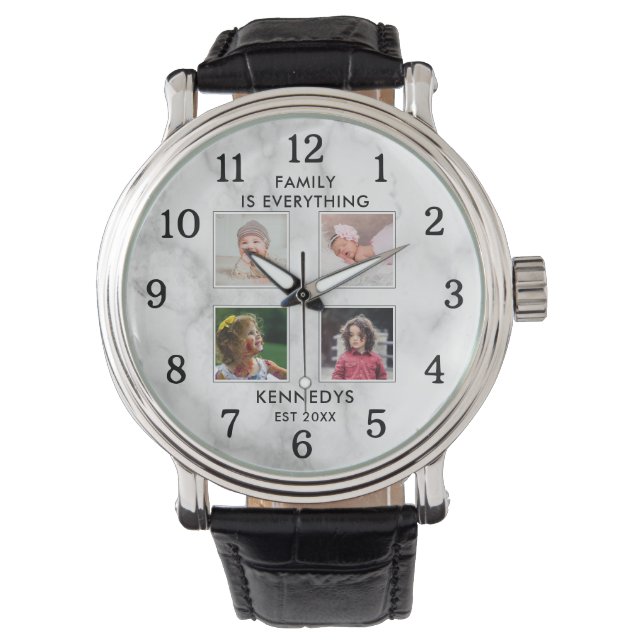Personalised  4 Photo Collage Family Name Marble Watch (Front)