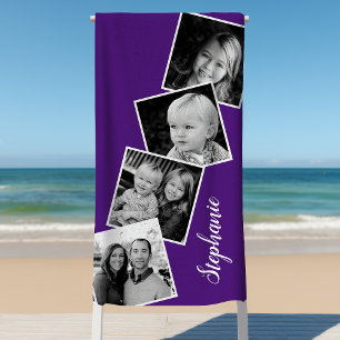 Personalised 4 Photo Collage Film Strip Purple Beach Towel