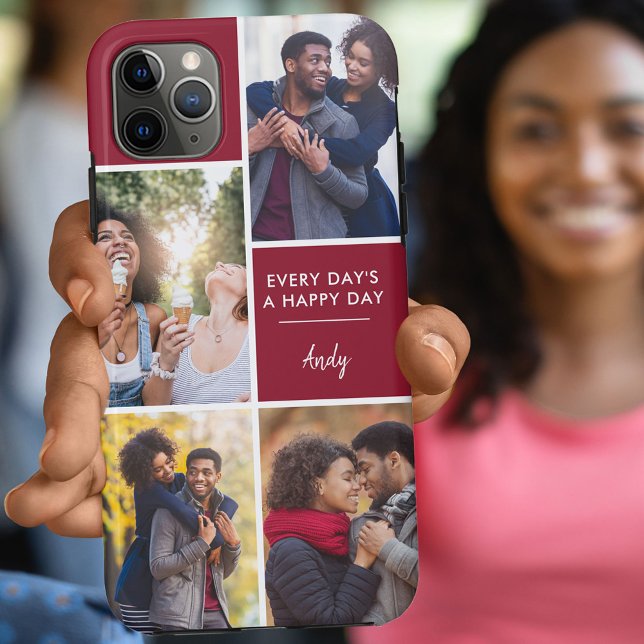 Personalised 4 Photo Collage Positive Quote Maroon Case-Mate iPhone Case (Creator Uploaded)