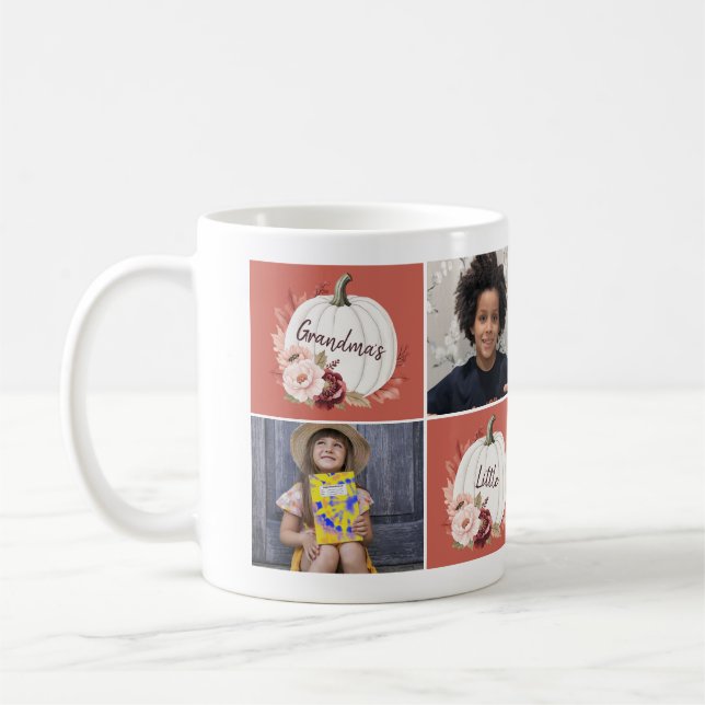Personalised 4 photo collage Pumpkin Grandma  Coffee Mug (Left)