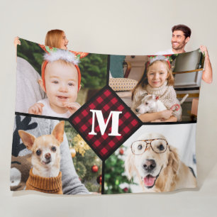 Personalised 4 Photo Collage Red Plaid Monogram Fleece Blanket