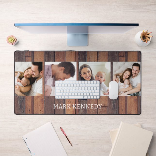 Personalised 4 Photo Collage Rustic Pallet Wood  Desk Mat (Office 1)