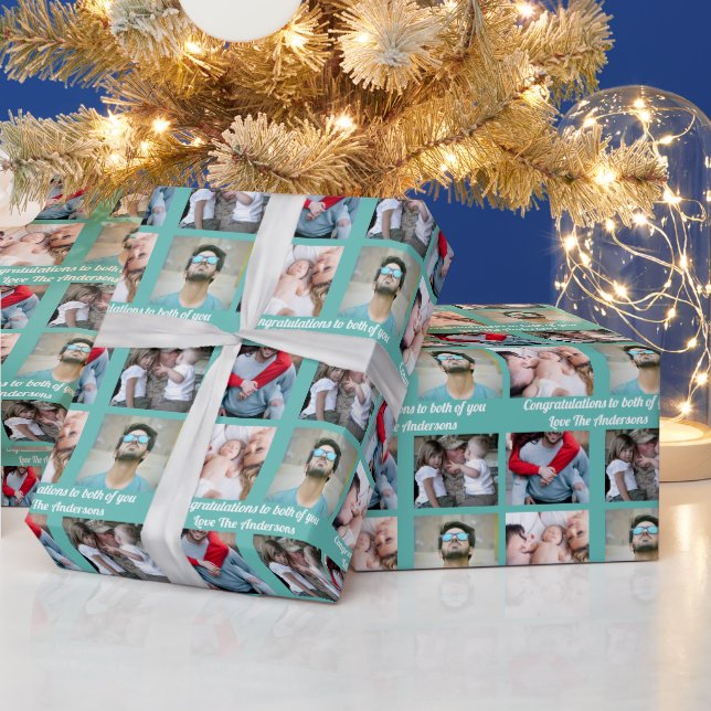 Personalised 4 photo family with DIY message red Wrapping Paper (Holidays)