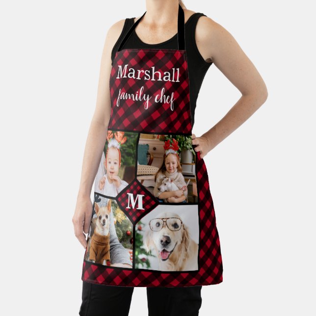 Personalised 4 Photo Monogram Red Buffalo Plaid Apron (Insitu)