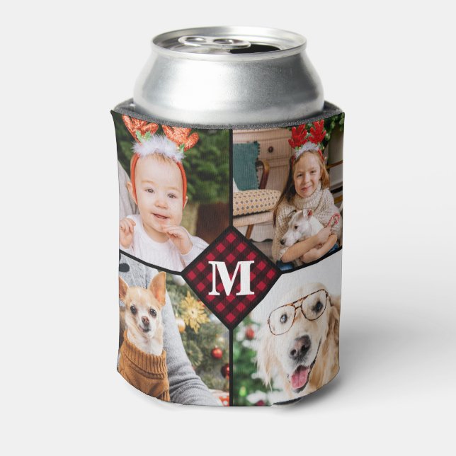 Personalised 4 Photo Monogram Red Buffalo Plaid Can Cooler (Can Back)
