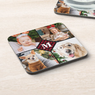 Personalised 4 Photo Monogram Red Buffalo Plaid Coaster