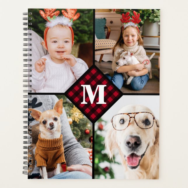 Personalised 4 Photo Monogram Red Buffalo Plaid Planner (Front)