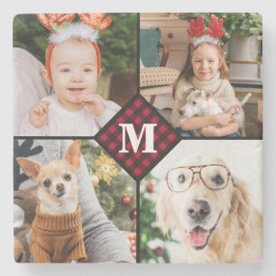 Personalised 4 Photo Monogram Red Buffalo Plaid Stone Coaster