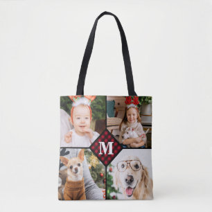 Personalised 4 Photo Monogram Red Buffalo Plaid Tote Bag
